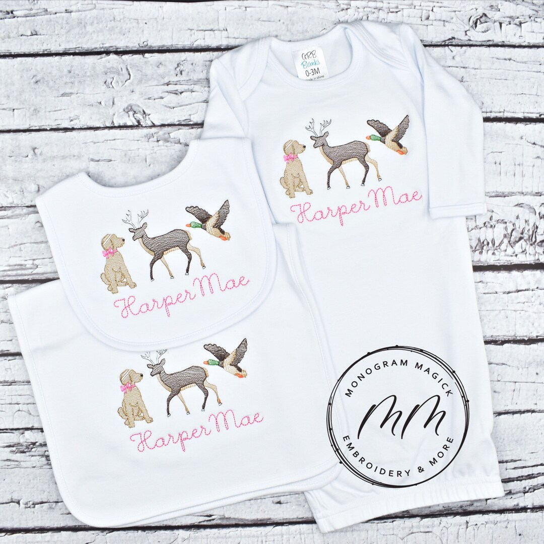 Girl Hunting Themed Baby Gown, Personalized Baby Gown, Monogrammed Baby