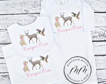 Personalized Baby Gown, Hunting Theme, Baby Girl Coming Home Outfit