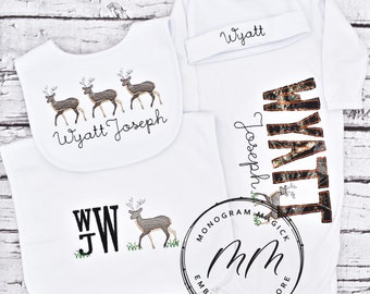 Deer Hunting Themed Baby Gown, Personalized Baby Gown, Monogrammed Baby Gown, Baby Coming Home Outfit, Coming Home Outfit, Baby Boy Gown