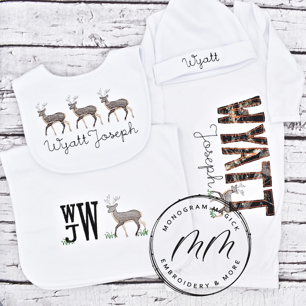 Deer Hunting Themed Baby Gown, Personalized Baby Gown, Monogrammed Baby Gown, Baby Coming Home Outfit, Coming Home Outfit, Baby Boy Gown