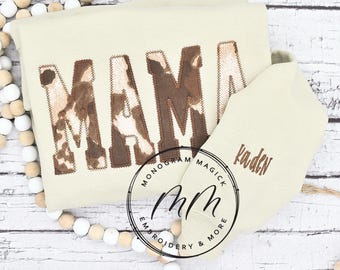 Cow Print Mama Sweatshirt, Mama Embroidered Sweatshirt, Sweatshirt, Mothers Day, Personalized Sweatshirt, Cowhide Mama Sweatshirt