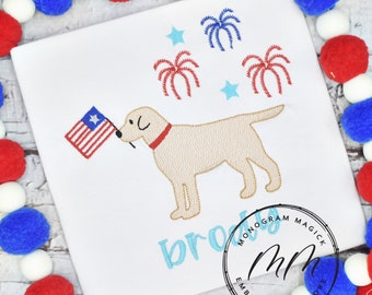 Kids Fourth of July Shirt, Patriotic Puppy Holding Flag