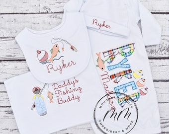 Fishing Embroidered Personalized Baby Gown Set