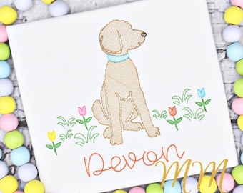 Boys Spring Doodle Embroidery Shirt, Personalized Dog & Tulips