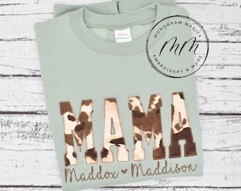 Personalized Mama Sweatshirt, Custom Kid Name Embroidered Crewneck, Cow Print Mom Shirt