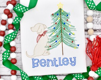 Personalized Christmas Dog Shirt, Embroidered Tree, Custom Name