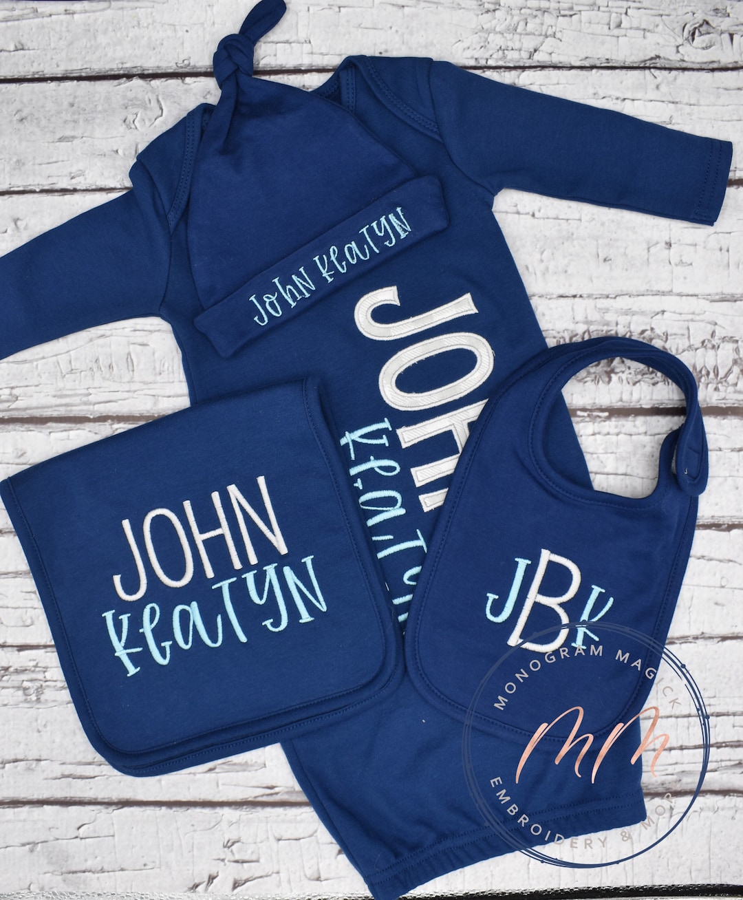 Navy Baby Gown, Personalized Baby Gown, Monogrammed Baby Gown, Baby