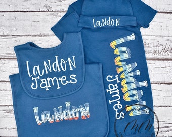 Personalized Navy Baby Gown Set, Monogrammed Coming Home Outfit