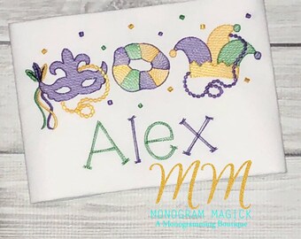 Personalized Mardi Gras Sketch Shirt, Applique Embroidery