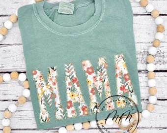 Floral Applique Mama T-Shirt, Custom Comfort Colors Tee
