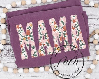 Floral Applique Mama T-Shirt, Personalized Comfort Colors Tee