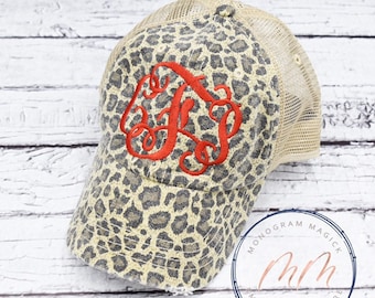 Monogrammed Leopard Print Distressed Trucker Hat