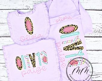 Personalized Lavender Baby Gown, Leopard Print, Coming Home Outfit