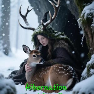 Può includere: Immagine di arte digitale che raffigura una donna con corna e un mantello con cappuccio che abbraccia un cervo in un bosco innevato. Il testo verde sovrapposto recita "Hibernation Tarot Reading". La scena evoca un tema mistico e invernale.