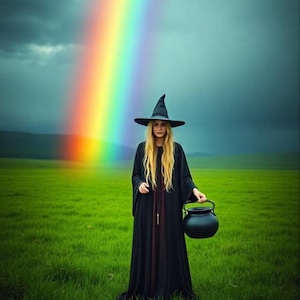 May include: A woman dressed as a witch stands in a field with a rainbow in the background. She is wearing a black robe and a pointed hat. She is holding a black cauldron in her right hand.