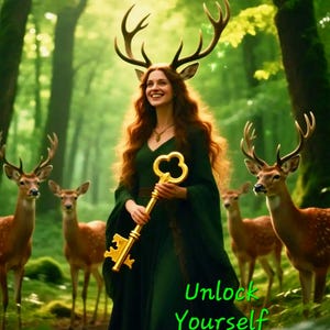 Könnte beinhalten: Eine Frau mit Hirschgeweih und grünem Kleid hält einen goldenen Schlüssel. Im Hintergrund sind Rehe und ein Wald zu sehen. Der Text auf dem Bild lautet: "Unlock Yourself Tarot Reading".