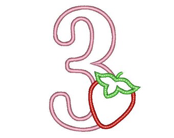 Applique 3 with Strawberry Design - Number Applique - Number Font - Birthday - Embroidery Number - Three - Strawberry Birthday