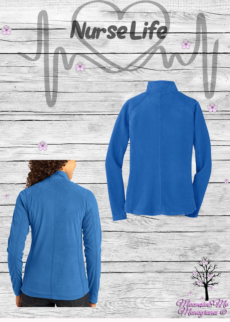 May include: A royal blue fleece jacket with a zipper closure. The jacket is shown from the front and back. The text "Nurse Life" is written in a heart shape above the jacket.