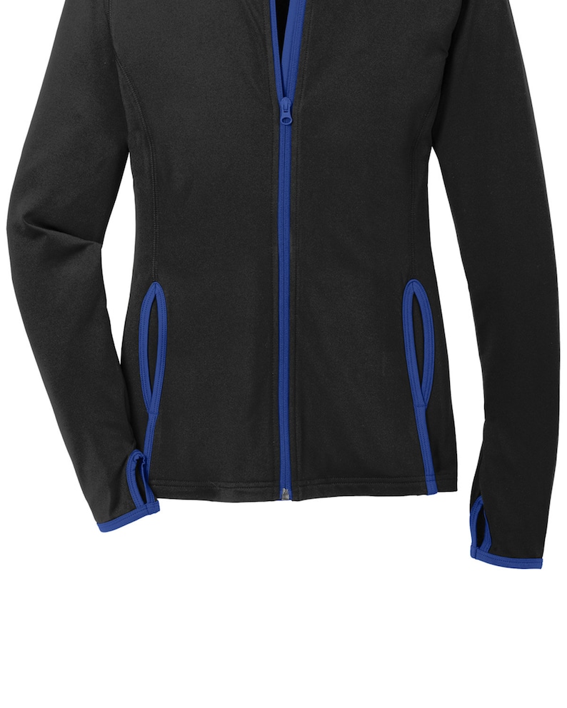 May include: Black zip-up jacket with blue trim around the edges and down the zipper.