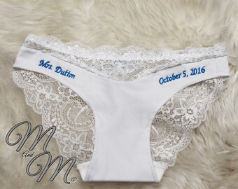 Monogram Bridal Lace Underwear - Personalized Bridal Lace Thong- Bridal Lingerie-Customized Bridal Panties- Honeymoon- Bridal Thong