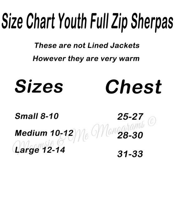 Boxercraft Sherpa Youth Size Chart