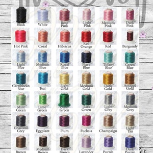 May include: A chart of 48 different colors of embroidery floss, arranged in rows of 8. The colors are labeled with their names, such as "Black", "White", "Rose Pink", "Light Pink", "Medium Pink", "Dark Pink", "Hot Pink", "Coral", "Hibiscus", "Red Orange", "Red", "Burgundy", "Light Blue", "Medium Blue", "Royal Blue", "Navy Blue", "Tiffany Blue", "Green Blue", "Carribbean Blue", "Teal", "Light Gold", "Medium Gold", "Dark Gold", "Antique Gold", "Mint Green", "Lime Green", "Grass Green", "Dark Green", "Light Grey", "Medium Grey", "Charcoal Grey", "Eggplant", "Plum", "Fuchsia", "Champaign", "Light Tan", "Brown", "Medium Brown", "Dark Brown", "Lavender", "Purple", "Dark Purple", "Neon Pink", "Neon Yellow", "Neon Green", "Neon Orange", "Safety Yellow", "Safety Orange".