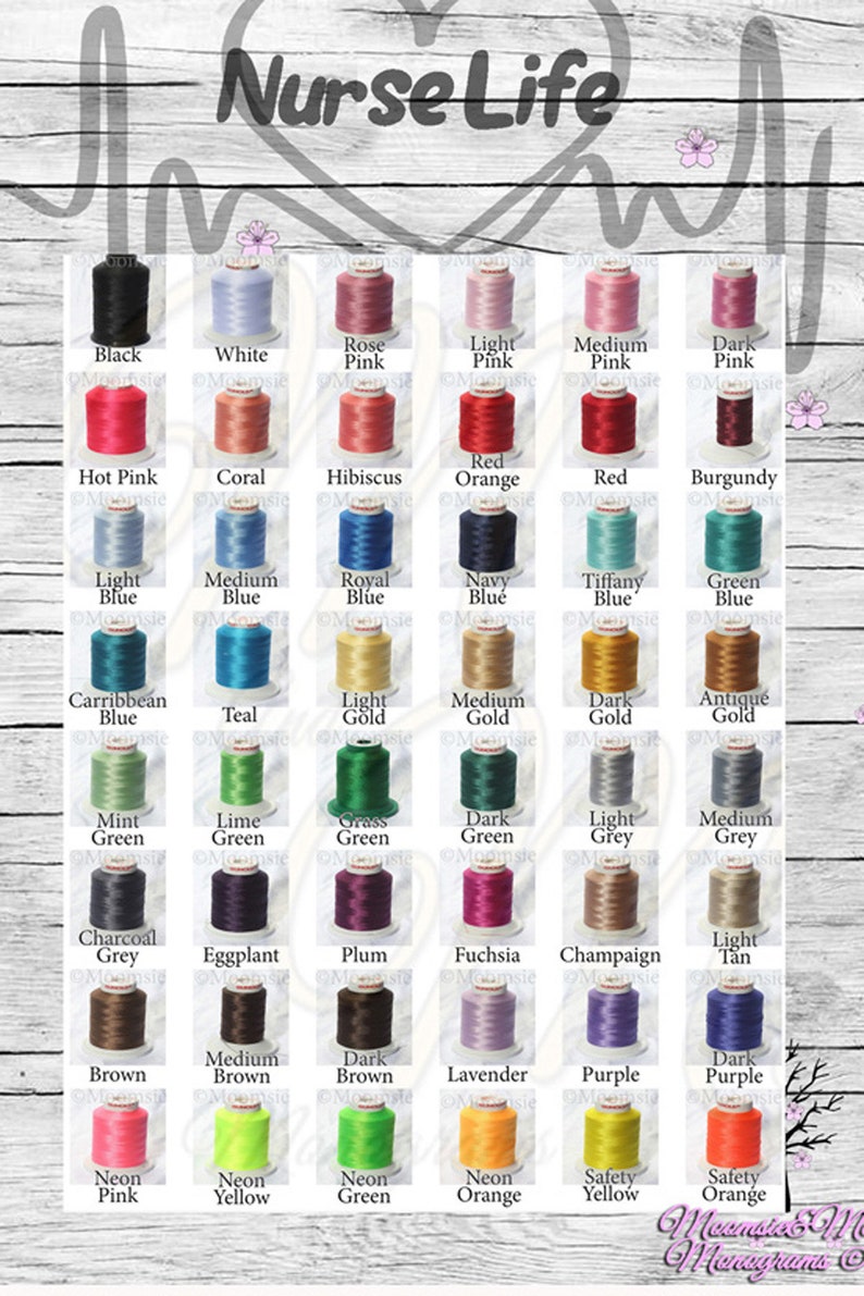 May include: A chart of 48 different colors of embroidery floss, arranged in rows of 8. The colors are labeled with their names, such as "Black", "White", "Rose Pink", "Light Pink", "Medium Pink", "Dark Pink", "Hot Pink", "Coral", "Hibiscus", "Red Orange", "Red", "Burgundy", "Light Blue", "Medium Blue", "Royal Blue", "Navy Blue", "Tiffany Blue", "Green Blue", "Carribbean Blue", "Teal", "Light Gold", "Medium Gold", "Dark Gold", "Antique Gold", "Mint Green", "Lime Green", "Grass Green", "Dark Green", "Light Grey", "Medium Grey", "Charcoal Grey", "Eggplant", "Plum", "Fuchsia", "Champaign", "Light Tan", "Brown", "Medium Brown", "Dark Brown", "Lavender", "Purple", "Dark Purple", "Neon Pink", "Neon Yellow", "Neon Green", "Neon Orange", "Safety Yellow", "Safety Orange".