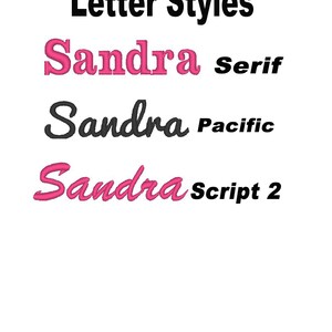 May include: A comparison of different font styles for the name "Sandra" in pink, black, and pink. The font styles are Serif, Pacific, and Script 2.