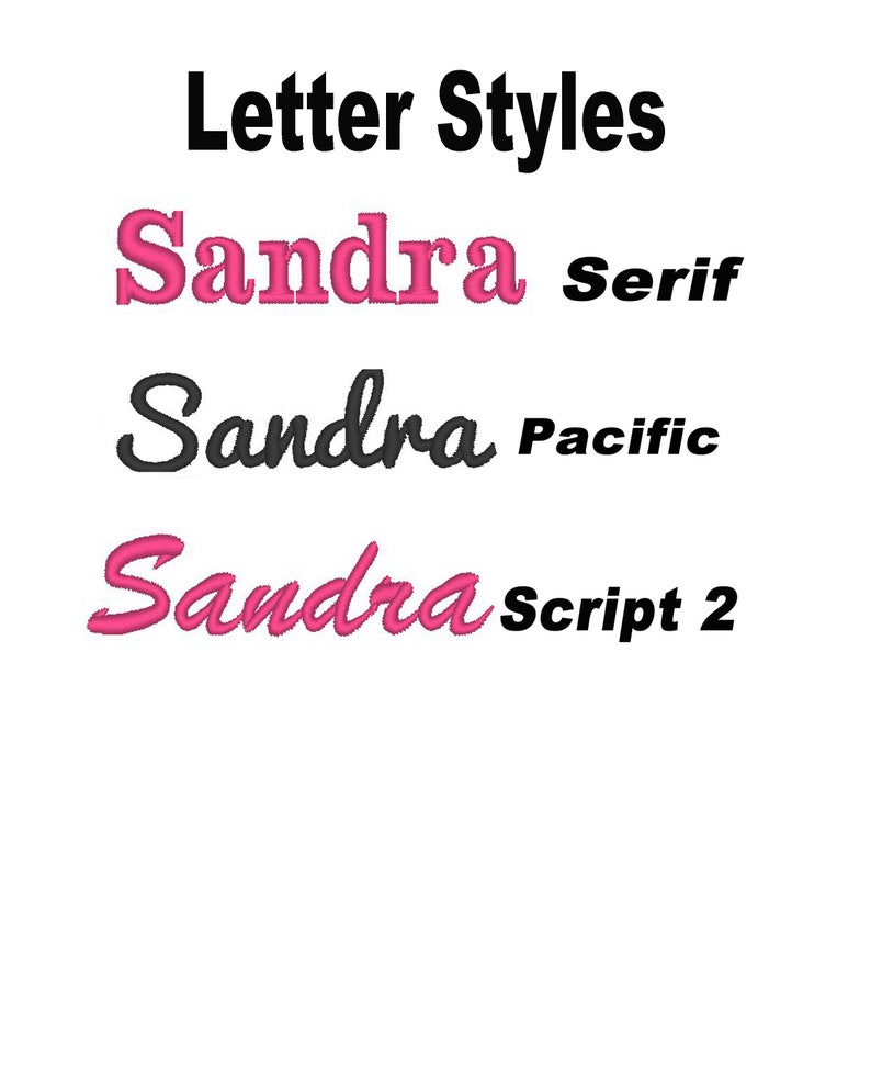 May include: A comparison of different font styles for the name "Sandra" in pink, black, and pink. The font styles are Serif, Pacific, and Script 2.