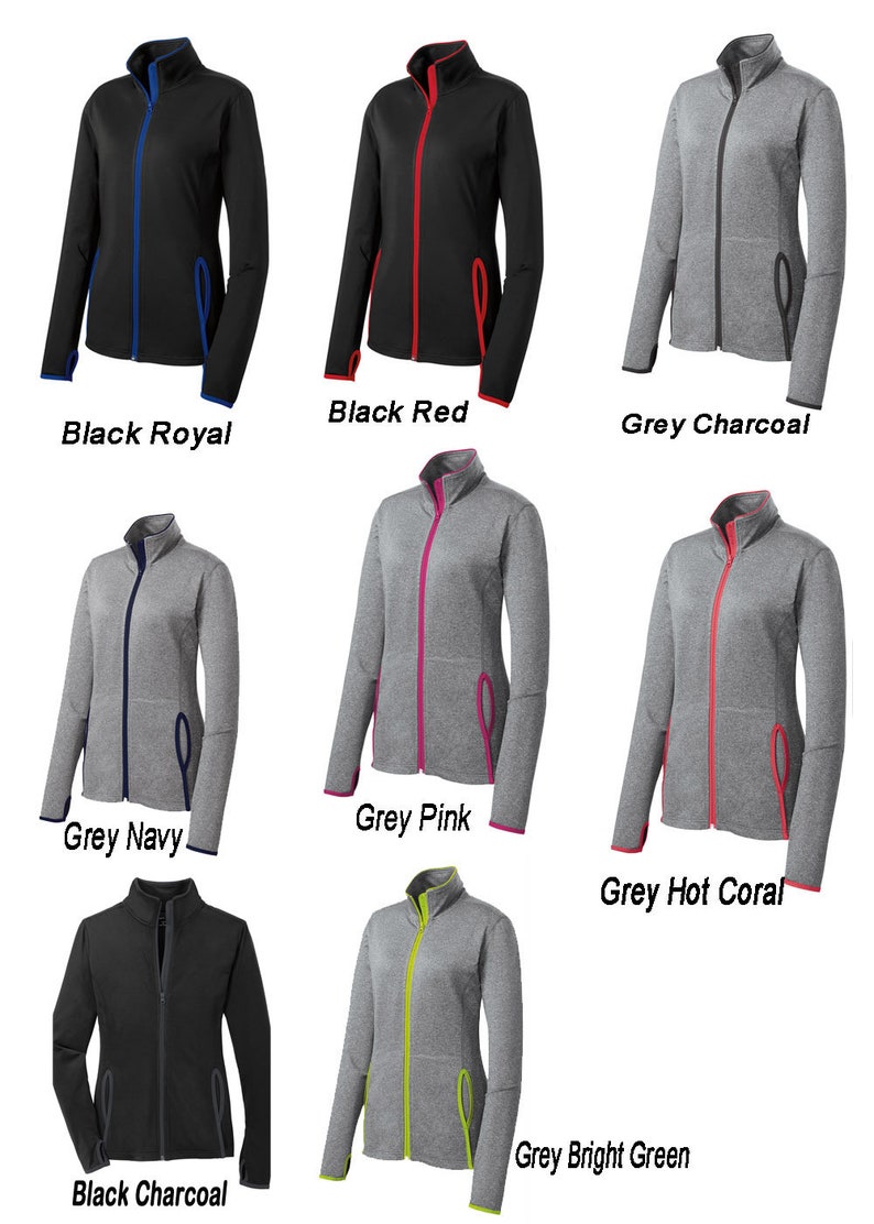 May include: Nine different color variations of a women's zip-up jacket with contrasting color trim. The jacket is made of a soft, comfortable material and features a stand-up collar, long sleeves, and two front pockets.