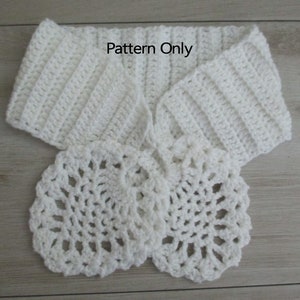 May include: White crochet cowl with two attached white crochet doilies. The cowl is folded over and the text "Pattern Only" is visible.