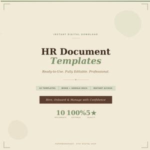 Puede incluir: Gráfico de descarga digital con el texto "HR Document Templates" en una fuente serif. El texto "Ready-to-Use. Fully Editable. Professional." está debajo. El texto adicional incluye "10 TEMPLATES", "WORD + GOOGLE DOCS" y "INSTANT ACCESS".