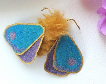 Moth brooch, textile art, quirky textile accessories, fibre arts, boho decor, textile brooch, butterfly brooch, embroidered art