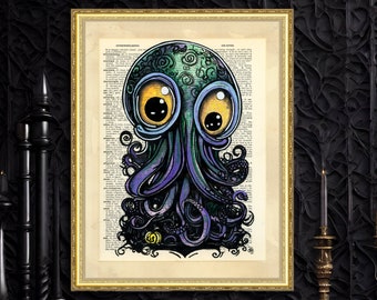 Halloween Octopus - Dictionary Art Prints, Funny Collage Art, Vintage Page, Kraken, Literary Poster, Cthulhu art, Gift, Gothic Art Poster