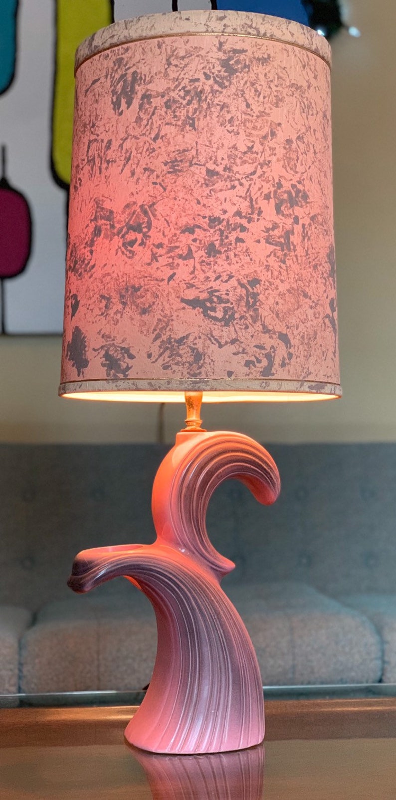 Vintage Ceramic Pink And Black Table Lamp W Plant Holder Shade