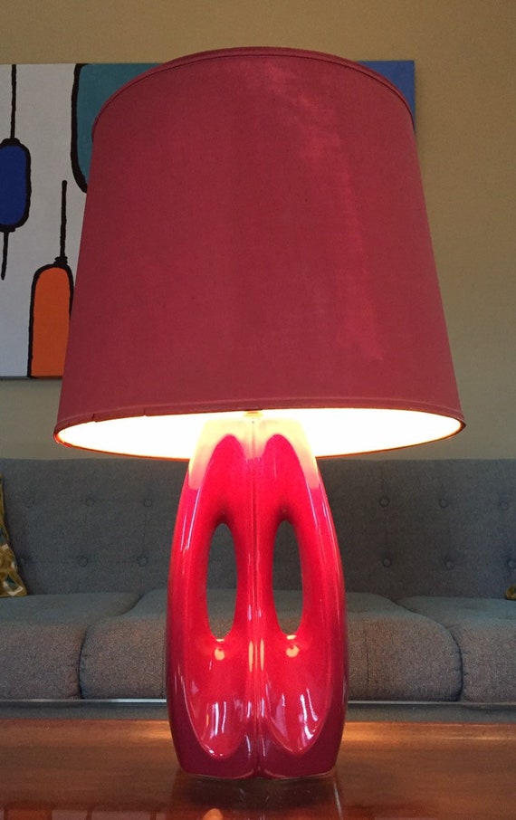 Vintage Abstract Sculpted Ceramic Table Lamp With Shade Red Rose Pink