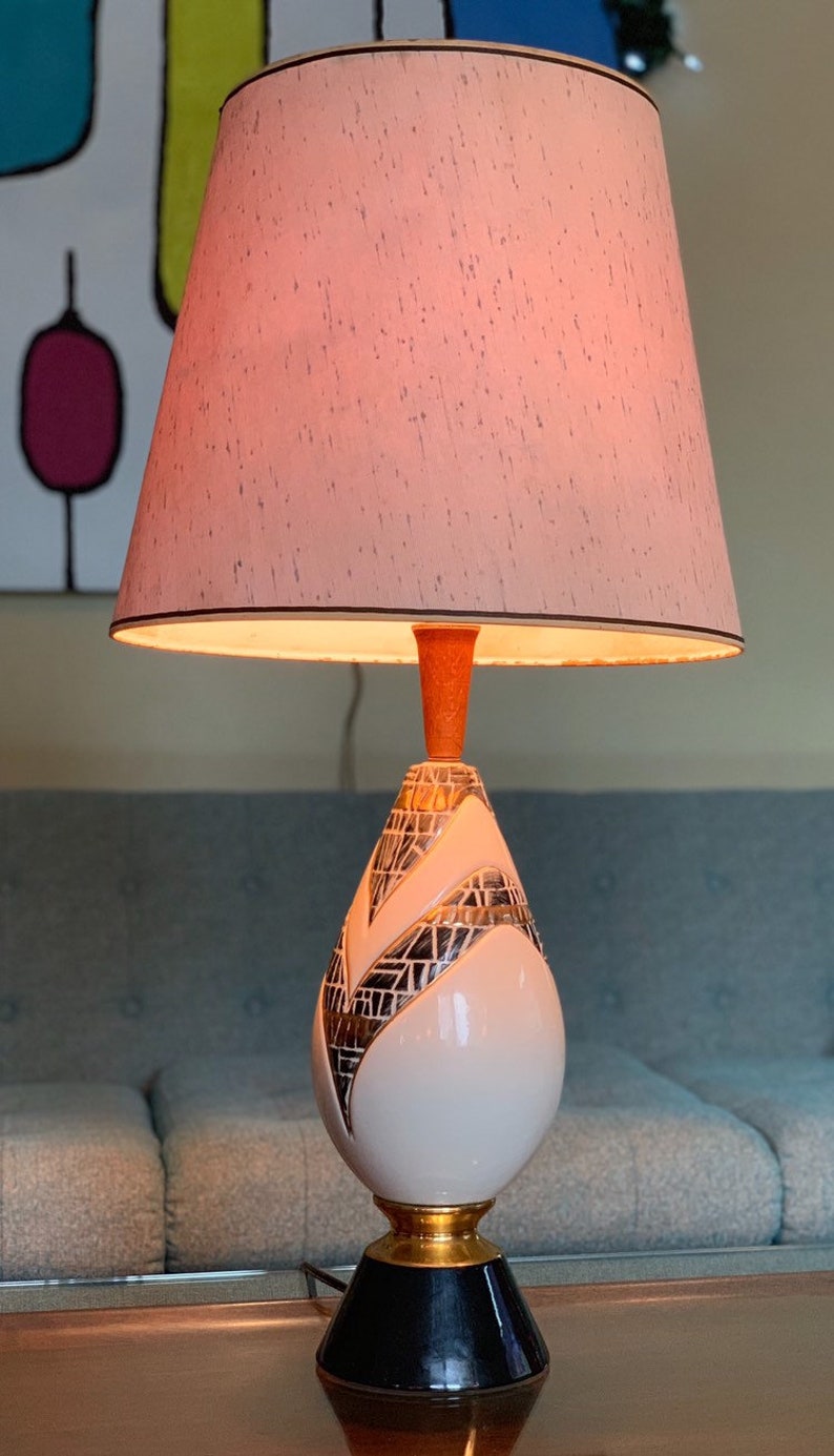 Vintage Mcm Ceramic Wood Table Lamp W Shade Black White Gold