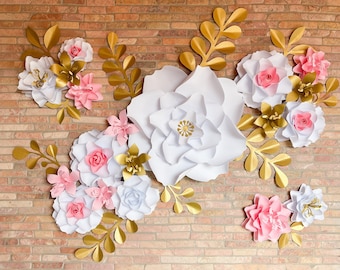 Paper Flower Wall Decor: White, Gold & Pink Backdrop Flowers