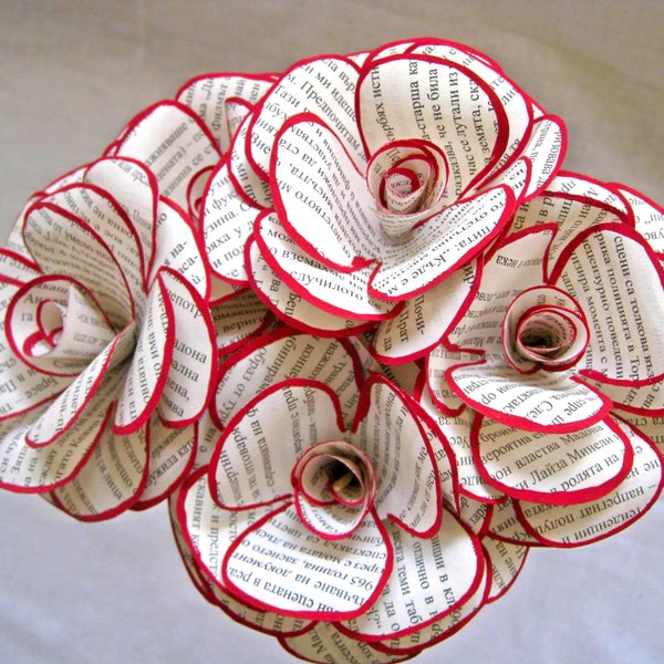 Book Paper Flowers, Flower Bouquet, Book Page Flowers, Wedding Bouquet, Centerpiece Flowers, Recycled Book Page Flowers, Roses with Stems