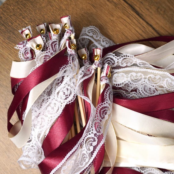Wedding Ribbon Wands With Lace, Burgundy and Ivory Wedding