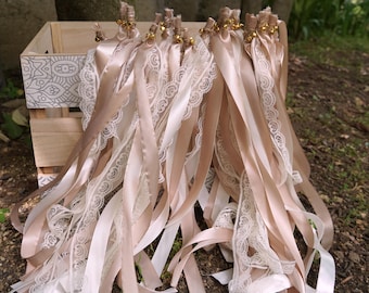 Wedding Send Off Wands, Satin Ribbons in Taupe and Ivory Lace, Rustic Boho Style