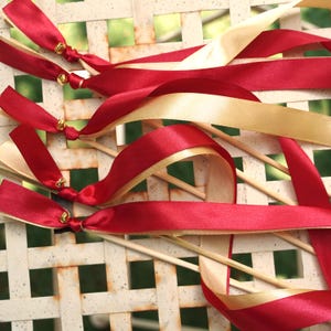 10 Ribbon Wands with Bells, Christmas Wedding Favors, Marriage Send Off, Satin Ribbons in Gold and Red, Ceremony Send Off, Streamer Wands
