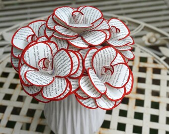 Ramo de rosas con páginas de libros, flores de papel con borde rojo, decoración literaria, regalo para profesores