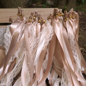 50pcs Satin Ribbon Wands, Wedding Wands with Bells, Party Streamers, Ribbons in Taupe and Ivory Lace, Wedding Send Off, Boho Wedding Favors