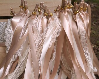 50 Taupe and Ivory Lace Ribbon Wands with Gold Bells, Boho Wedding Send Off