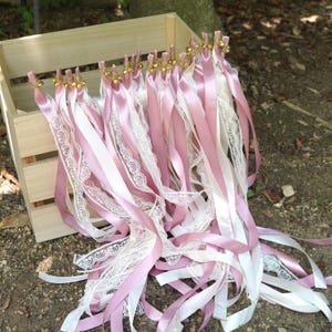 Ribbon Wands with Gold Bells, Boho Party Streamers, Satin Ribbons in Dusty Pink and Ivory Lace, Marriage Send Off, Romantic Wedding Wands