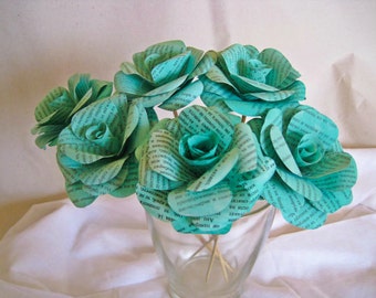 Book Page Paper Flowers, Turquoise Paper Roses, Stem Roses, Book Paper Flowers, Wedding Table Decor, Wedding Bouquet, Centerpiece Flowers