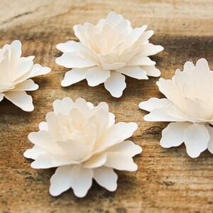 May include: Four white paper flowers with layered petals, arranged on a wooden surface.