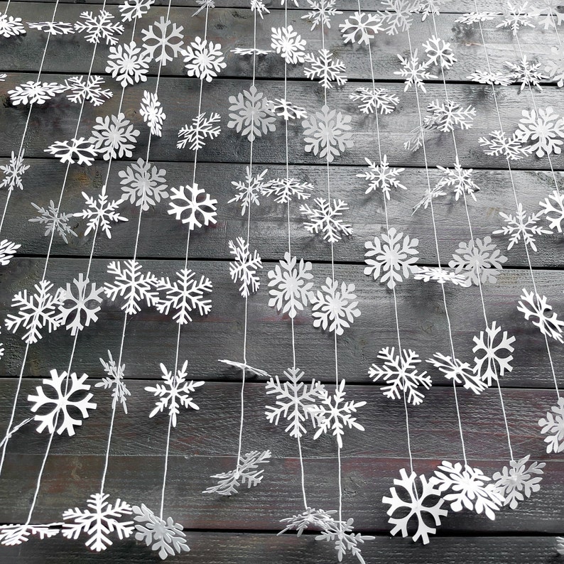 Paper Snowflake Garland, Snowflake Backdrop, New Year Party Decor, White Snowflake Banner, Winter Party Garland, Holiday Hanging Ornaments image 1