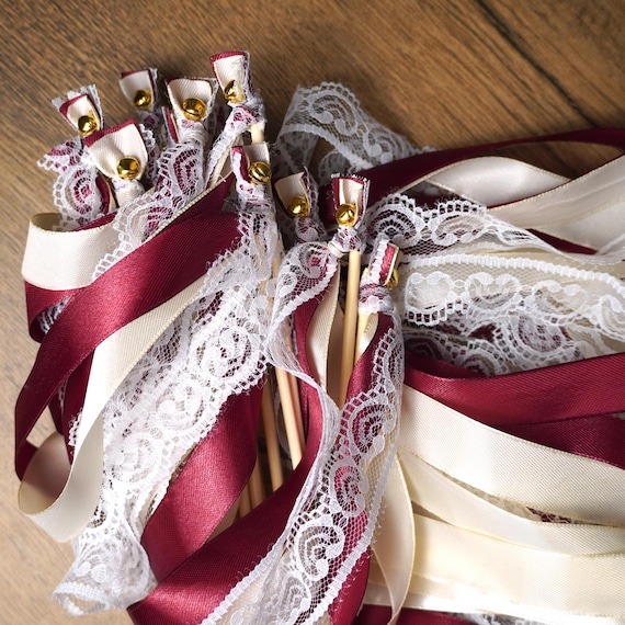 Wedding Ribbon Wands With Lace, Burgundy and Ivory Wedding
